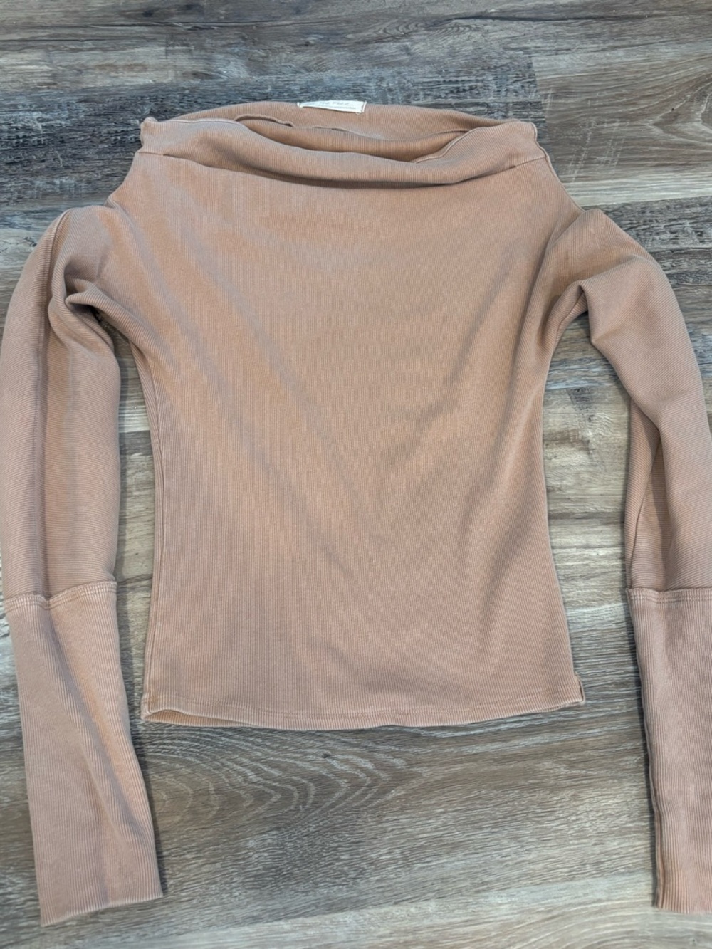 We The Free Tan Long Sleeve Off-Shoulder Ribbed Top, Sz M